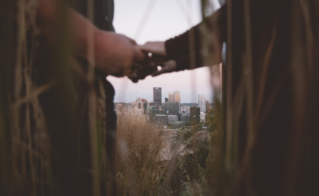 A couple's hands hold each other in the grass, a city like New York lies in the background.