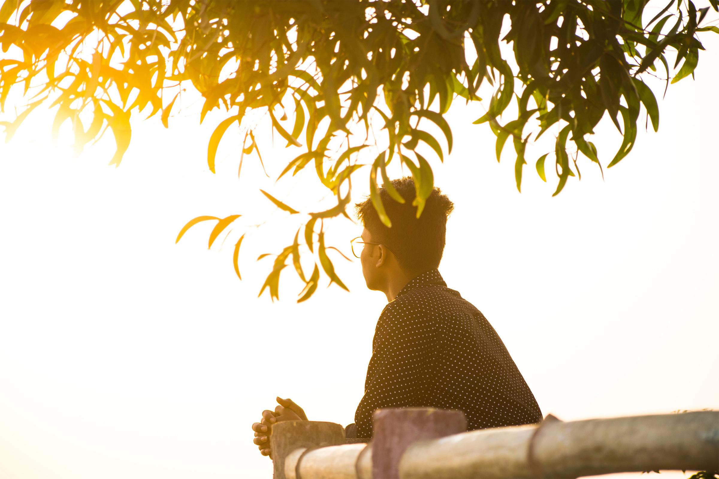 A man pensively looking out into the sunlight.